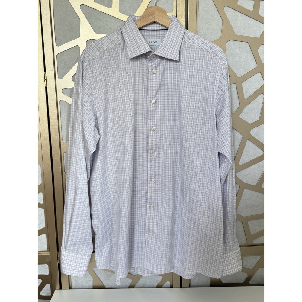 Eton Mens Dress Shirt Size 44 17.5 Contemporary Pink Blue Stripe Gingham Cotton